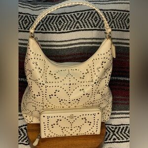 COACH Celeste 2015 Gold Stud Chalk Leather Hobo Bag & Wallet Set F35203